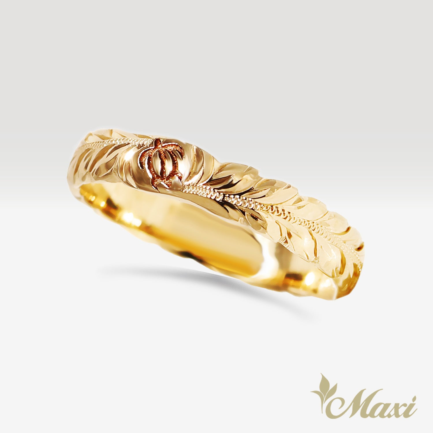 4mm & 5mm Maile Lei & Honu_Hawaiian Sea Turtle Couple Rings [14K/18K Gold/Platinum]