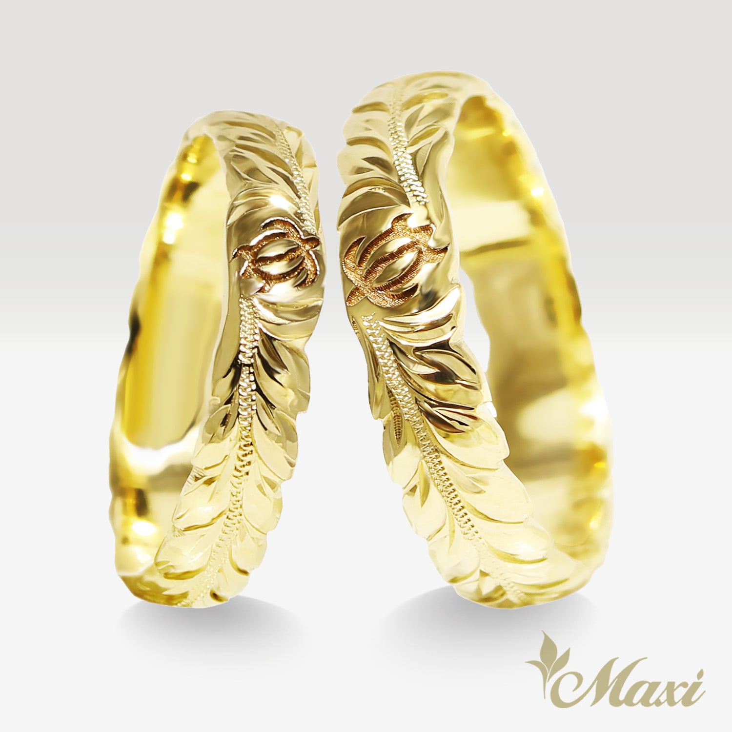 4mm & 5mm Maile Lei & Honu_Hawaiian Sea Turtle Couple Rings [14K/18K Gold/Platinum]