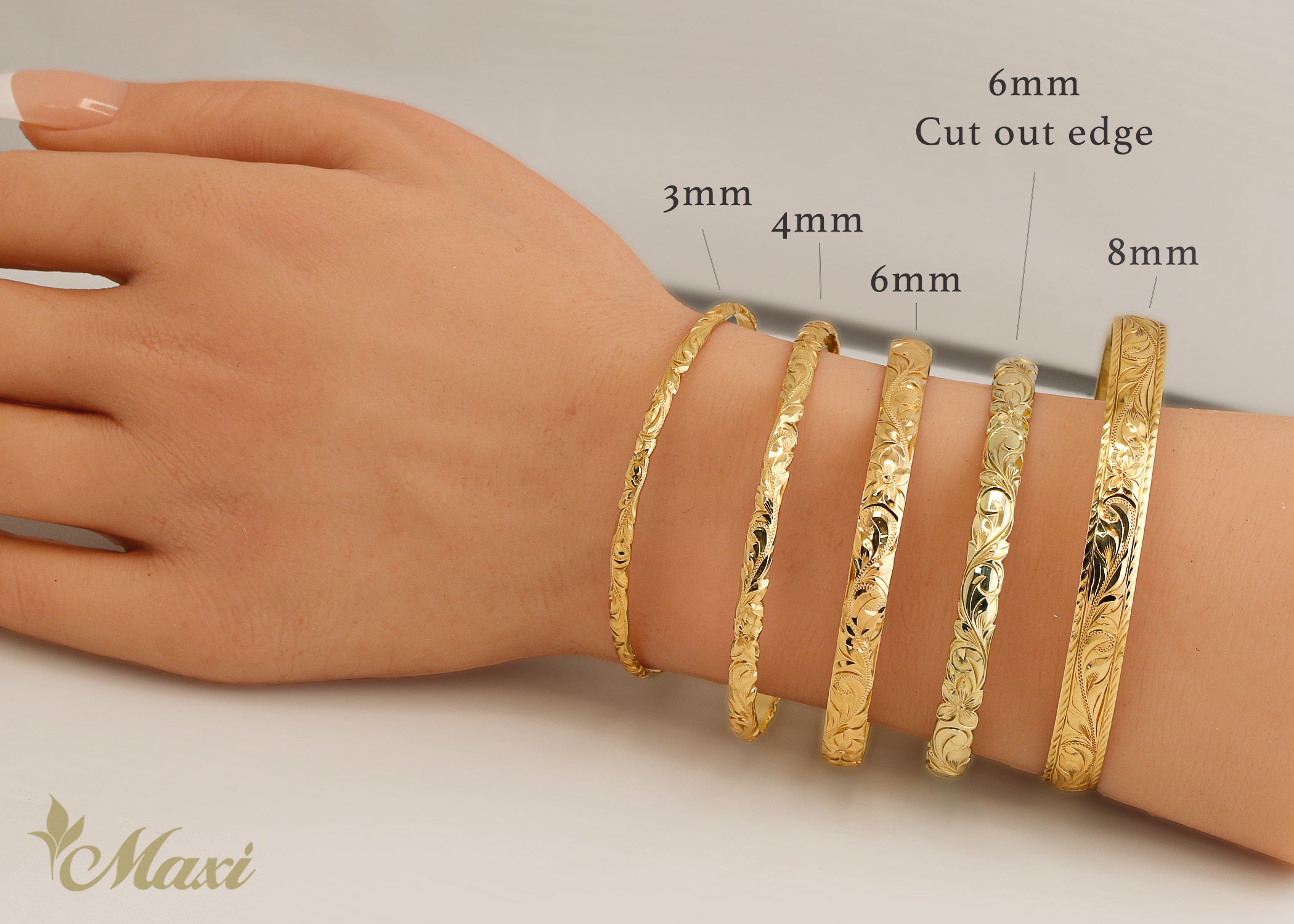 3mm Open Bangle Bracelet_Barrel Shape_Cut Out Edge [14K/18K Gold]