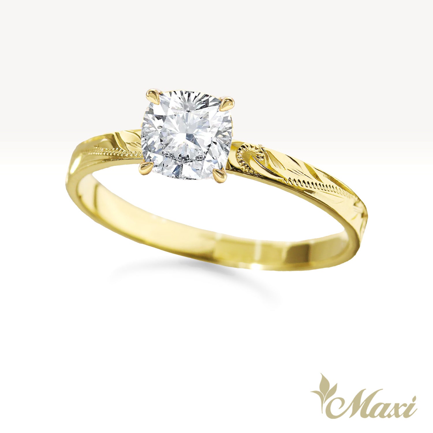 1 Carat Square Cushion Cut Lab-Grown Diamond Hawaiian Engraved Solitaire_Flat Ring [14K/18K Gold/Platinum]