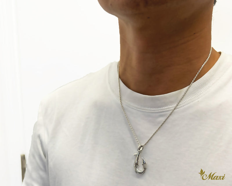 Double Side Engraving Fish Hook Pendant-Small [Black Chrome Silver 925]