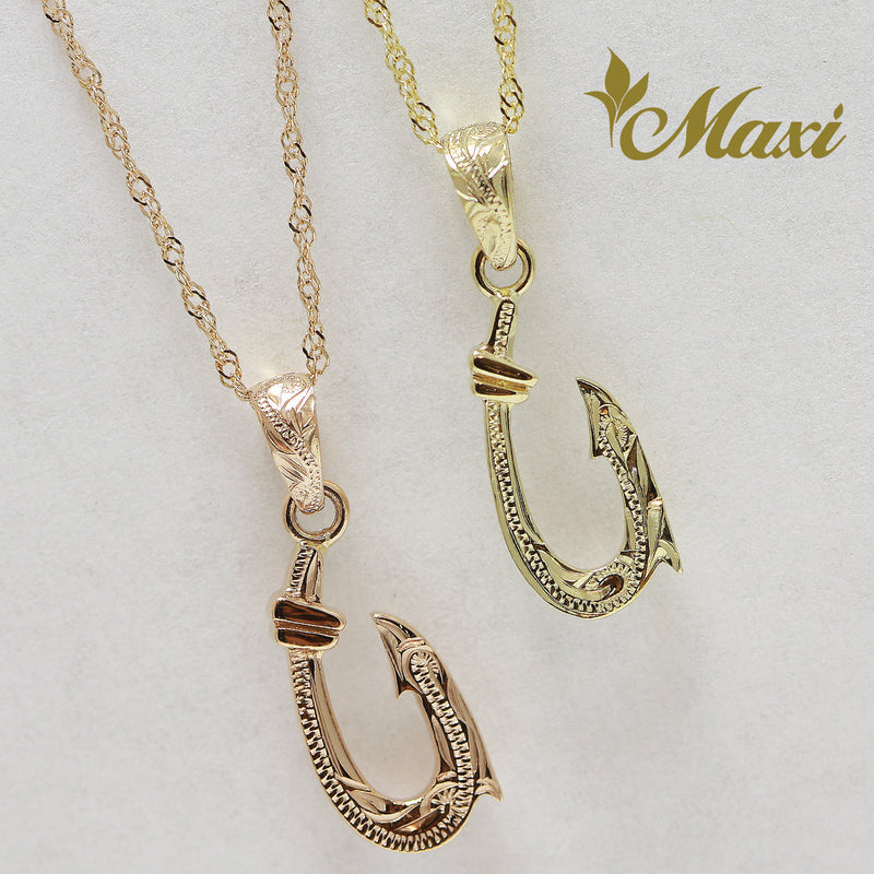 [14K Gold] Petite Hawaiian Fishhook Pendant-Hand Engraved Traditional Hawaiian Design*Made-to-order* (P1143)