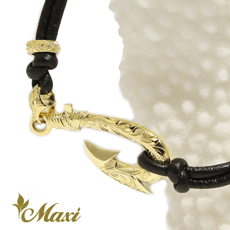 [14K Gold] Fish Hook Leather Bracelet *Made to Order* (B0309)