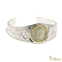 [Silver 925/14K Gold] Genuine Kalakaua Coin 25mm Bangle Bracelet (B0605/Genuine Coin/14K Frame) Made to Order