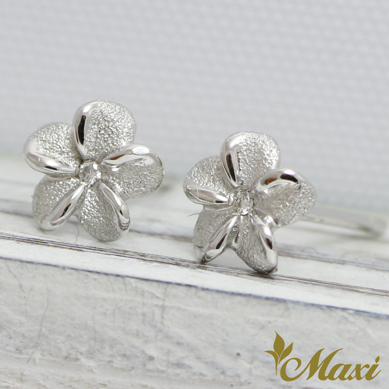 [14K Gold] Matte Plumeria Flower Pierced Earring with Diamond*Made-to-order*(E0215)