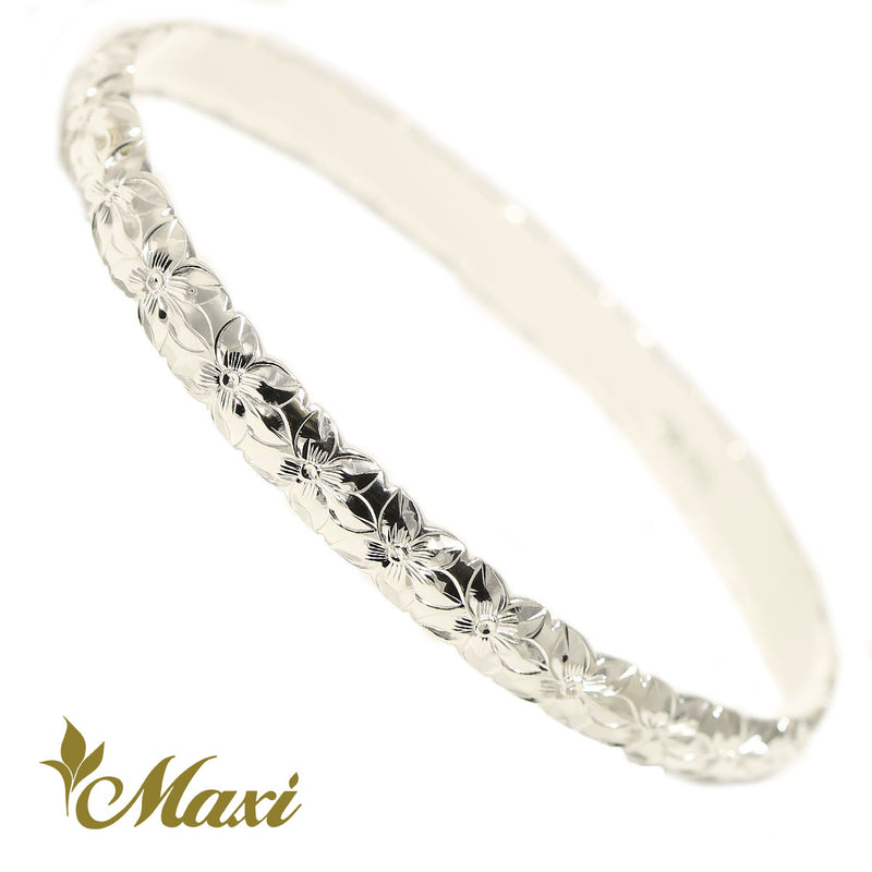 [Silver 925]6mm Bangle Bracelet-Plumeria Flower Pattern *Made-to-order*