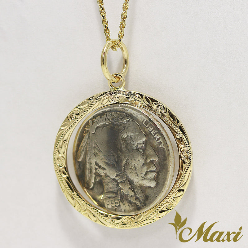 [14K Yellow Gold] Buffalo Nickel Coin Pendant-Hand Engraved Traditional Hawaiian Design*Made-to-order* (P1229)