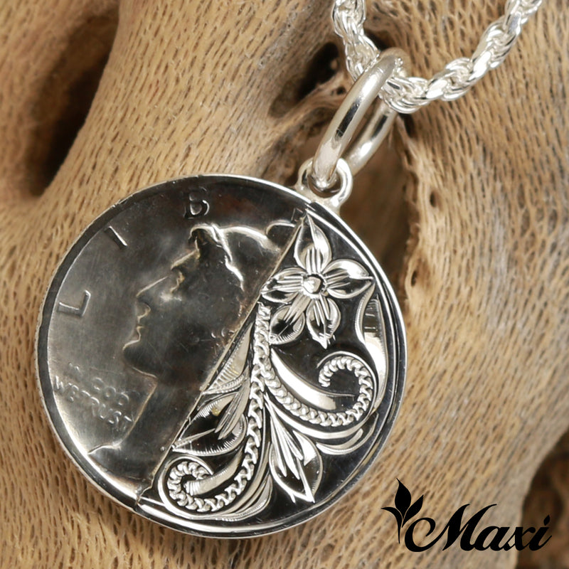 [Silver 925] Half Mercury Dime Pendant-Hand Engraved Traditional Hawaiian Design (P0937)