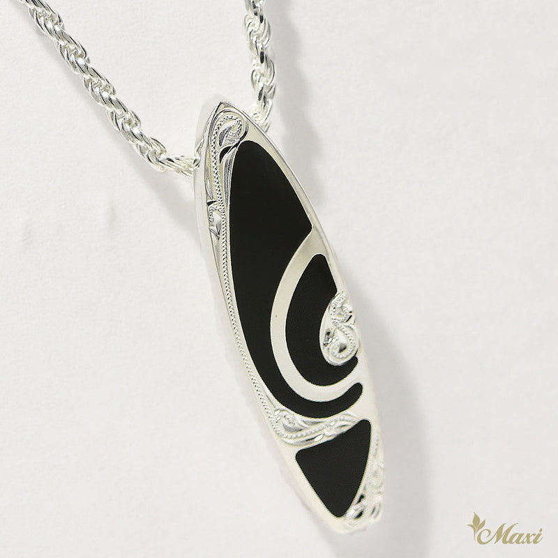 [Silver 925] Surfboard Pendant-Black/White Enamel (P1008)