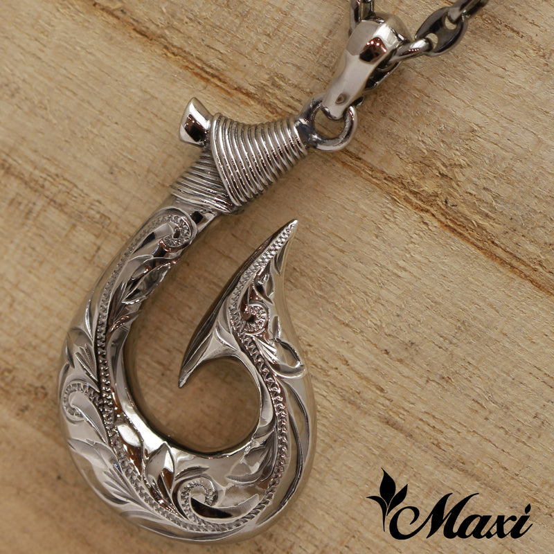 [Black Chrome Silver 925] Hawaiian Fishhook Pendant /Round/Hand Engraved Traditional Hawaiian Design*Made-to-order* (P1115)