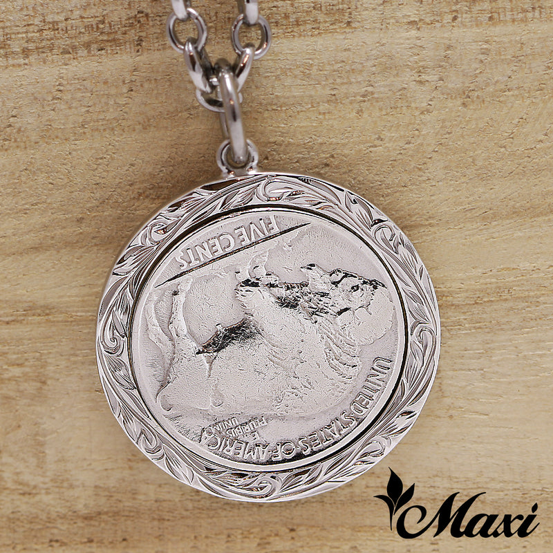 [Black Chrome Silver 925] Buffalo Nickel Coin Pendant-Hand Engraved Traditional Hawaiian Design (P1229)