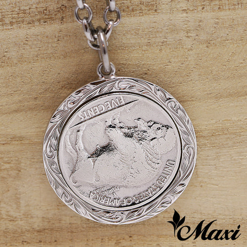 [Black Chrome Silver 925] Buffalo Nickel Coin Pendant-Hand Engraved Traditional Hawaiian Design (P1229)