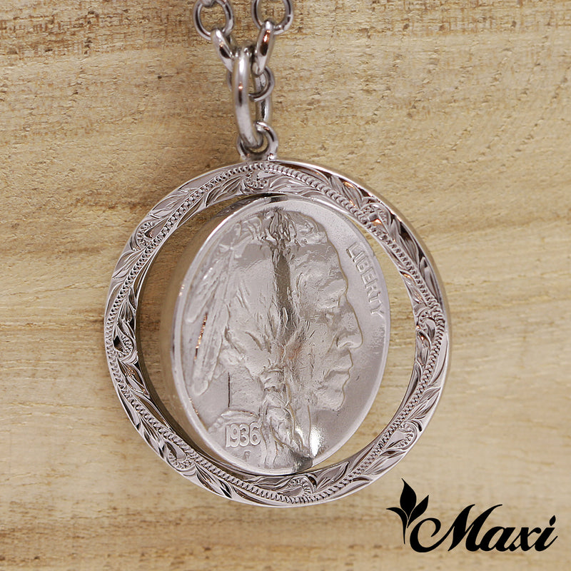 [Black Chrome Silver 925] Buffalo Nickel Coin Pendant-Hand Engraved Traditional Hawaiian Design (P1229)