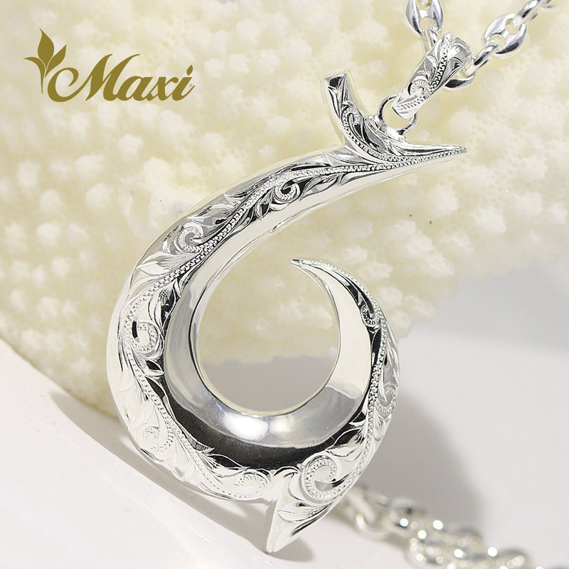 [Silver 925] "Mana" Hawaiian Fish Hook Pendant Large/Hand engraved Hawaiian Old English design (P1243)