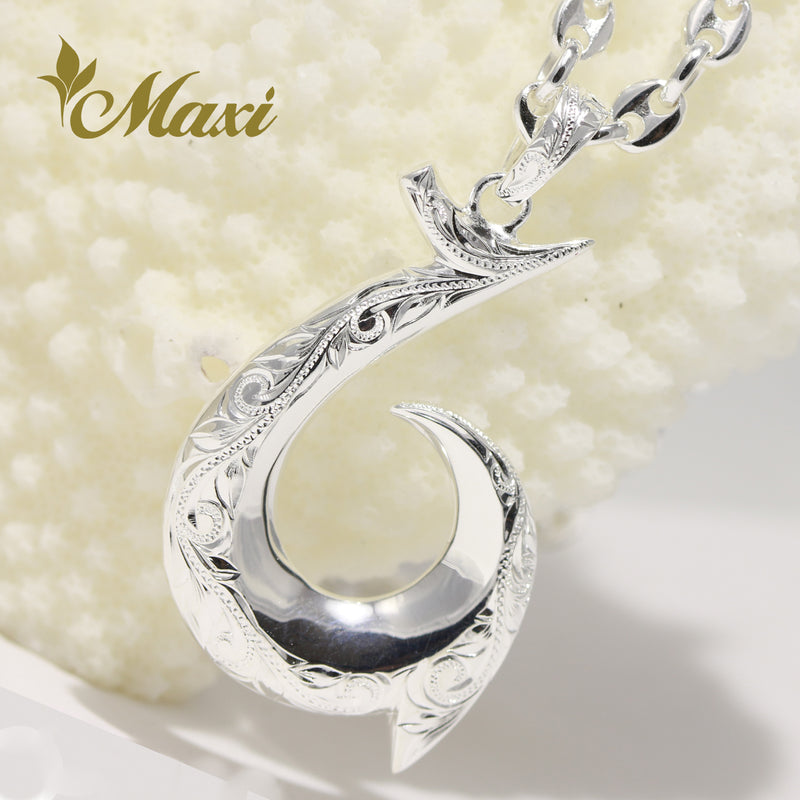 [Silver 925] "Mana" Hawaiian Fish Hook Pendant/Hand engraved Hawaiian Old English design (P1244)