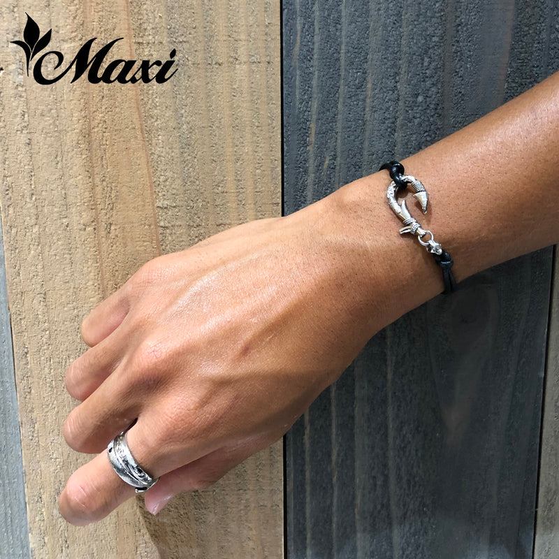 [Black Chrome Silver 925] Hawaiian Fish Hook Leather Bracelet*Made-to-order* (B0448)