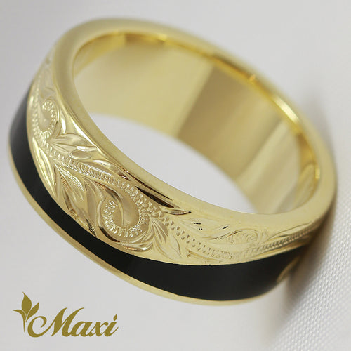 [14K Yellow Gold] Wave Black Enamel Line Ring Small 8mm [Made to Order] (R0298)