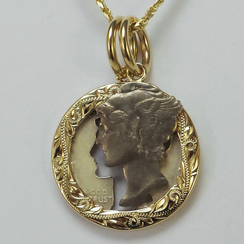 14K Yellow Gold Mercury Dime Silhouette Pendant