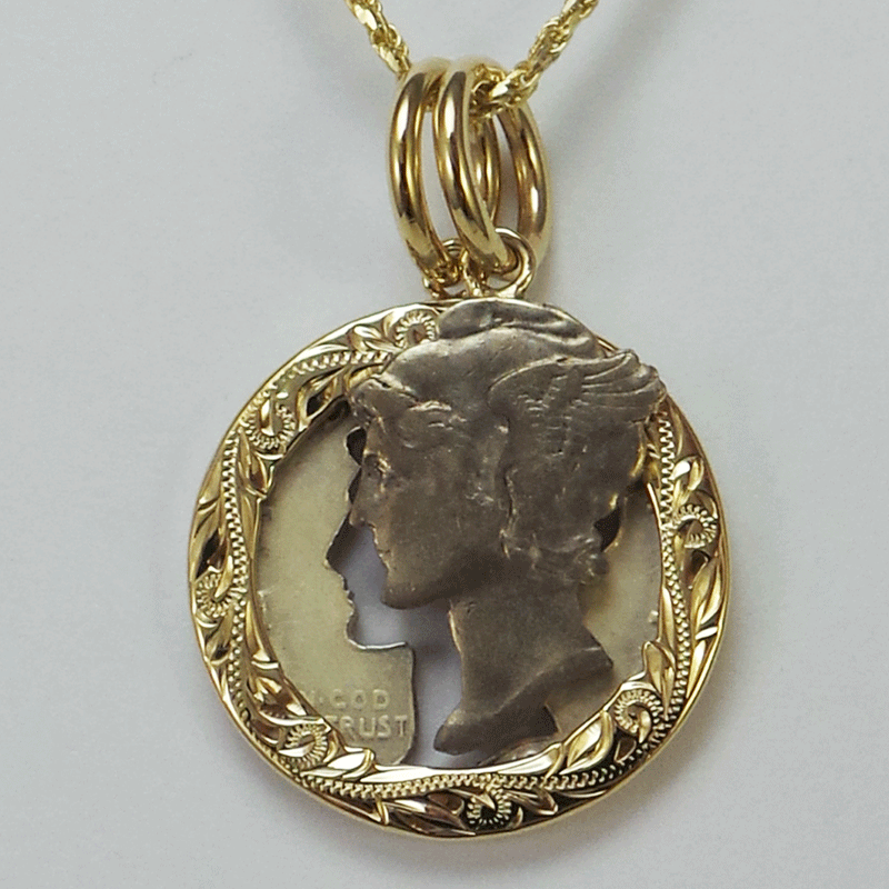 14K Yellow Gold Mercury Dime Silhouette Pendant