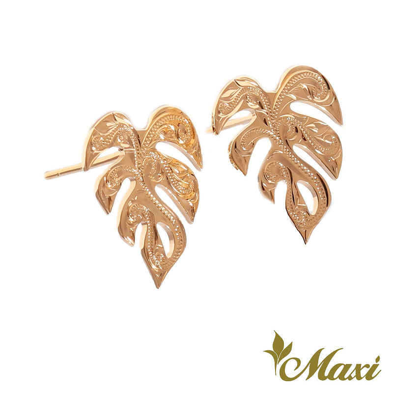 [14K Gold] Hawaiian Monstera Leaf Stud Pierced Earring (P1255 Stud Ear) *Made to Order*